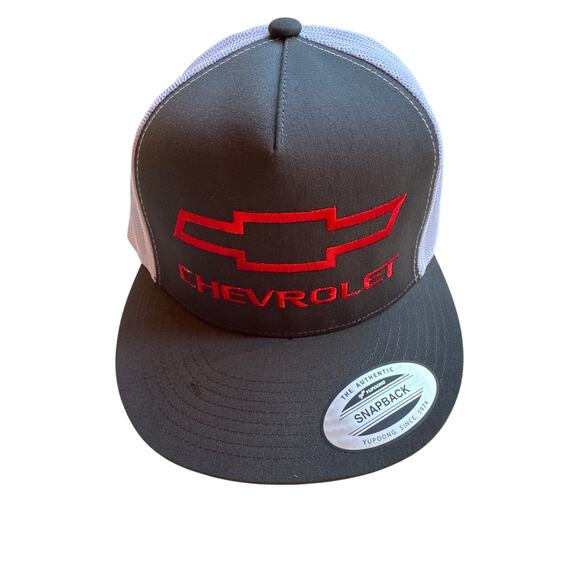 Chevrolet Snap Back Hat BowTie Logo Flat Bill Yupoong 5 Panel Trucker Mesh Cap - Picture 1 of 4